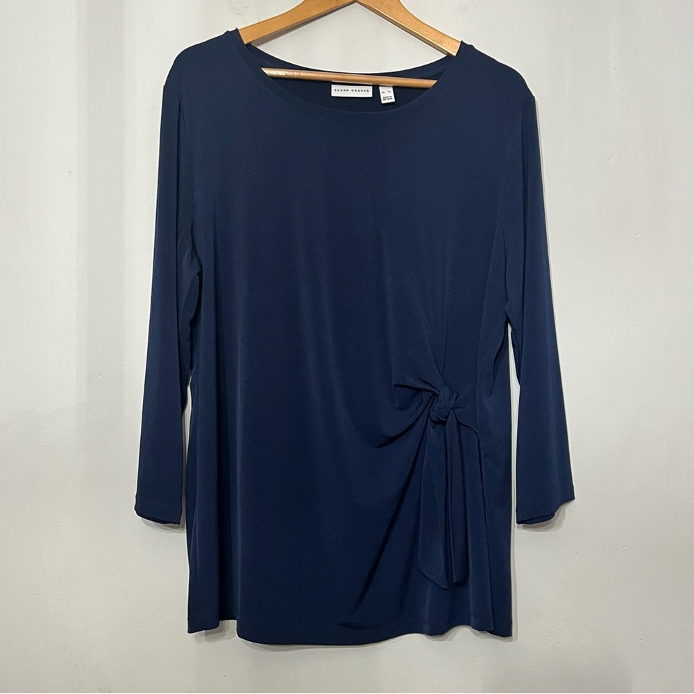 Susan Graver Top Liquid Knit Dark Navy Blue Shirt Knot Stretchy 3/4 Sleeve XL